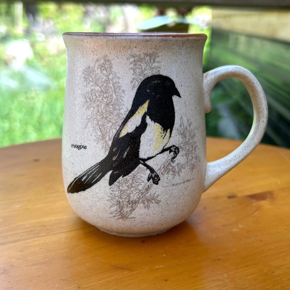 Vintage Magpie Bird Coffee Mug Tan Speckled Stoneware Northcraft Korea Otagiri